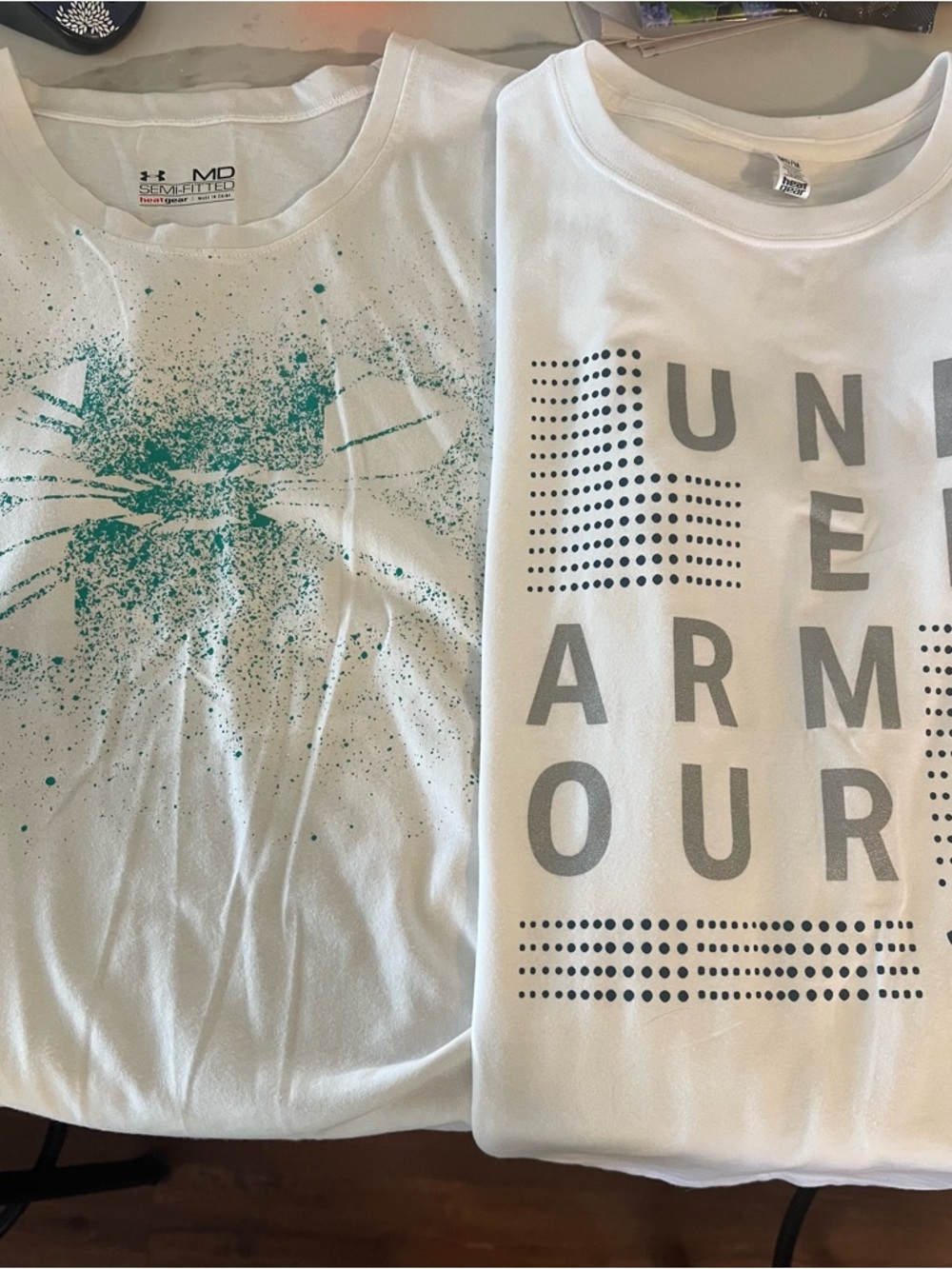 Under Armour Women’s White Tees with Teal Splash and Gray Logo